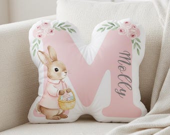 Personalized Plush Alphabet Pillow, Custom Name Print, Easter Bunny Letter, Pastel Color Floral Cushion