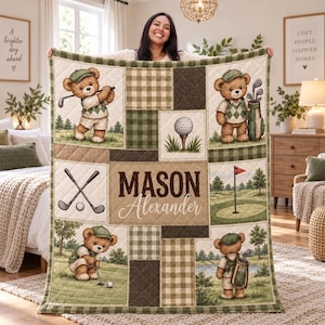 Edredom personalizado com estampa de urso golfista, roupa de cama personalizada em patchwork xadrez.