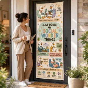 May include: A vertical banner hanging on a door featuring cartoon ducks in various social work roles. The text reads: JUST DOING MY SOCIAL WORKER THINGS, LISTEN, ASSESS, SUPPORT, EMPOWER, CARE COORDINATION, INTAKE FORMS, BOUNDARIES, ADVOCATE, EDUCATE, SELF-CARE, and COMMUNITY RESOURCES.