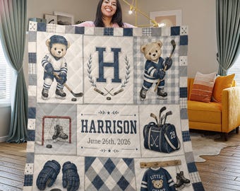 Personalized Hockey Quilt Blanket: Name Date Teddy Bear, Navy Sports Design