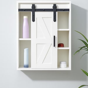 Farmhouse White Wood Wall Cabinet with Sliding Barn Door
