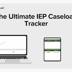 May include: A laptop and tablet display the text "The Ultimate IEP Caseload Tracker." The laptop screen shows a line graph, while the tablet displays data tables. The SpecialEducationIEP logo is in the top left corner.