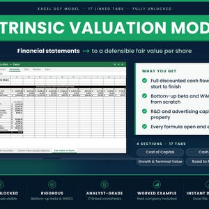 Puede incluir: Un modelo Excel DCF mostrado en la pantalla de un portátil, con 17 pestañas vinculadas y fórmulas totalmente desbloqueadas. La interfaz muestra estados financieros, cálculos del valor razonable y una lista de características.
