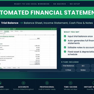 May include: A digital graphic for an automated financial statements Excel workbook. It displays a spreadsheet showing a statement of financial position, a list of features including input trial balance, and six tabs: Trial Balance, B.S, PLS, C.Flow, Notes, and FAS.