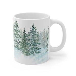 Snowy Pine Tree Winter Scene Mug, 11oz - Cozy Christmas Gift for Winter Lovers, Holiday Xmas Coffee Cup, 15oz Winter Themed Forest Mug,