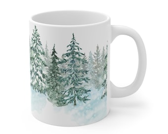 Winter Pine Tree Mug, Snowy Forest Coffee Cup