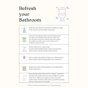 May include: A cleaning guide titled "Refresh your Bathroom" with illustrated steps. Includes instructions for refilling soap, cleaning surfaces, and replacing toilet paper. The guide is from A Fresh Start Cleaning Service.