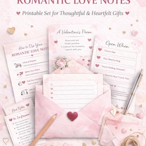 May include: A printable Valentine's Day set with romantic love notes. The set includes pink envelopes, cards with prompts, a poem, and instructions. A pencil, pen, and decorative hearts are also included. The text reads "Romantic Love Notes" and "Instant Download • Heartfelt DIY Gift."