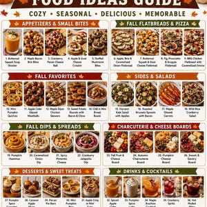 May include: A comprehensive food ideas guide titled Ultimate Fall Party Food Ideas Guide, featuring sections for appetizers, flatbreads, fall favorites, sides, salads, dips, charcuterie boards, desserts, drinks, and brunch ideas with photos.