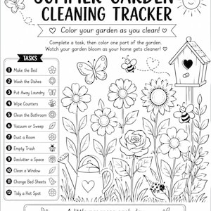 May include: Black and white line art of a "Summer Garden Cleaning Tracker" with tasks to color. Includes flowers, a birdhouse, bees, a watering can, and the text "Color your garden as you clean!" and "A little progress each day helps your garden grow."