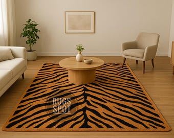 Handmade Rectangular Tiger Stripe Area Rug: Modern Orange & Black Animal Print