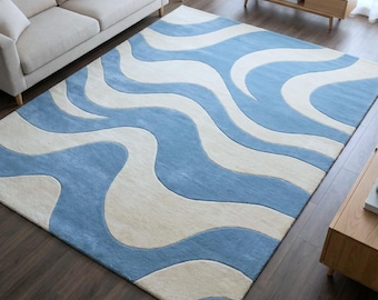 Modern Abstract Blue & Cream Area Rug | Wavy Pattern Contemporary Carpet | Minimalist Living Room Rug | Soft Plush Floor Mat | Scandinavian