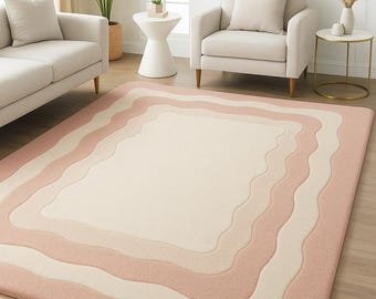 Modern Hand Tufted Neutral Wavy Abstract Area Rug: Boho Modern Pastel Carpet