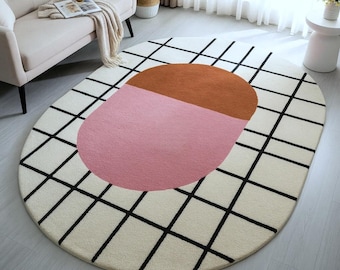 Luxury Hand Tufted Wool Oval Rug – Modern Grid Design, Minimalist Decor
