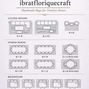 May include: Diagram of rug sizes for living room, dining room, and bedroom. Sizes include 5x9, 8x10, 4x6, 6x9, 8x9, 5x5 round, 8x10, 9x12, 8x8 round, 4x6, 5x7, 5x8, 6x9, 7x10, 8x10, 9x12, and 10x14. Text reads "Handmade Rugs for Timeless Homes."