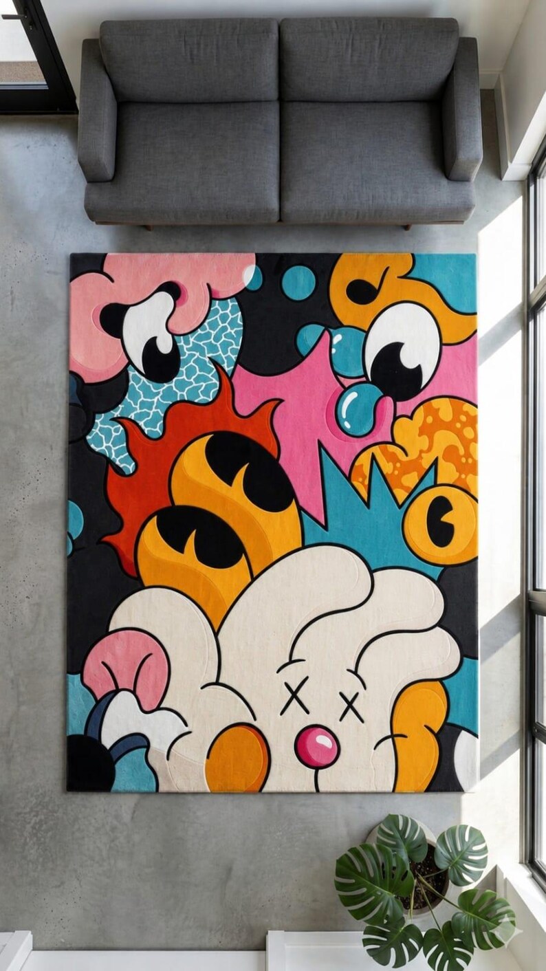 May include: A rectangular rug with a colorful, cartoonish design. The rug features a black background with various shapes in pink, orange, blue, and white. A gray sofa is visible above the rug.