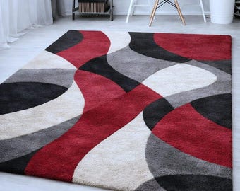 Modern Abstract Area Rug, Red Black Grey Shaggy Carpet, Contemporary Living Room Floor Decor