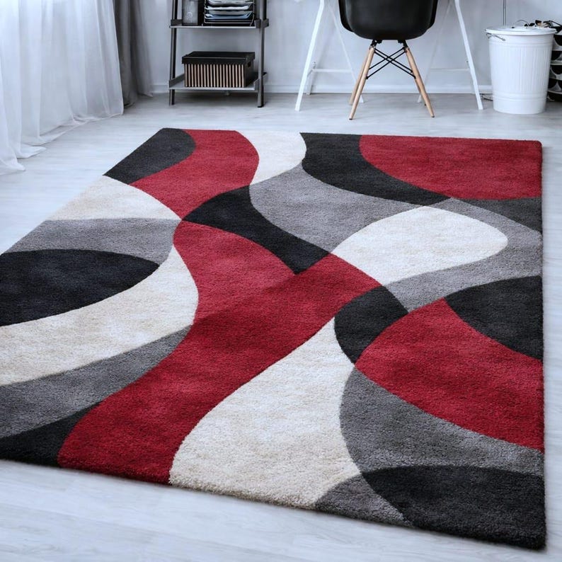 Modern Abstract Area Rug, Red Black Grey Shaggy Carpet, Contemporary ...