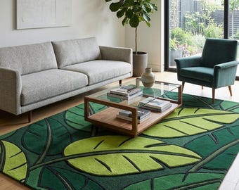 Handmade Green Leaf Rug, Tropical Banana Leaf Area Rug, Mt Rug, Forest Green Aesthetic Decorodern Hand Tufted Botanical Carpet for