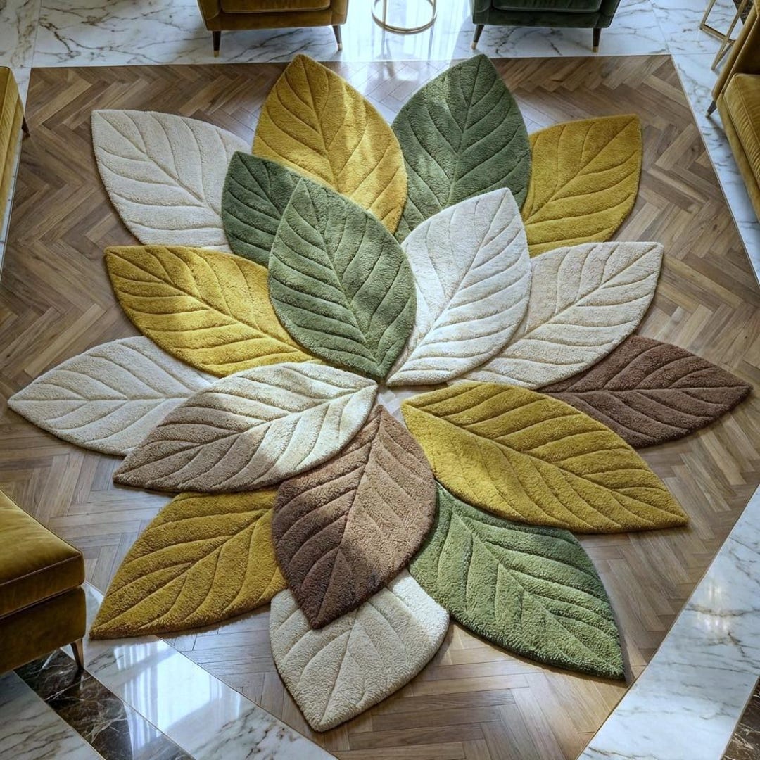 Hand Tufted Leaf Shaped Area Rug – Botanical Mandala Carpet, Boho ...