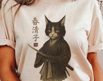Vintage Samurai Cat T-Shirt with Ukiyo-e Warrior Art, Japanese Kimono Cat Design