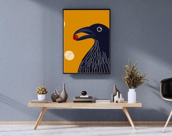 Raven Art Print: Black Bird with Red Berry, Minimalist Wall Decor (Digital Download)