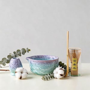 Gradient Crystalline Matcha Set, Ice Flower Chawan Bowl, Bamboo Whisk, 4-Piece Tea Ceremony Kit