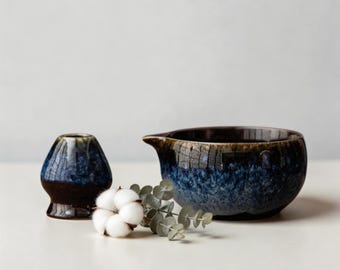 Starry Galaxy Chawan, Spouted Matcha Bowl, Celestial Pottery Tea Ceremony Kit