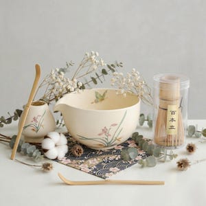 Honey Yellow Matcha Bowl Set, Butterfly Orchid Pottery, Tea Ceremony Kit (520ml)