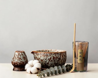 Spouted Matcha Bowl Set, Kiln Change Chawan, 4-Piece Tea Ceremony Kit