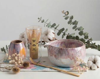 Spouted Matcha Bowl Set, Sakura Blossom Gift Box, Kiln Change Ombre Pottery Kit