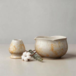 May include: A cream-colored ceramic bowl and a small vase with a speckled, golden-brown pattern. A sprig of eucalyptus and a cotton ball are placed between the bowl and vase. The bowl has a unique, petal-like shape.