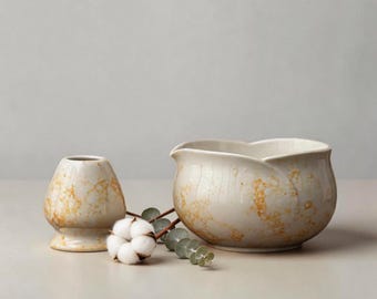 Spouted Matcha Chawan, Bubble Glaze Tea Ceremony Kit, Cloud Mist Pattern Pottery (500ml)