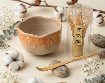 Engraved Sakura Matcha Set, Ombre Petal Chawan, 4pc Tea Ceremony Kit, Floral Zen Bowl
