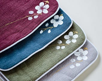 Artisan Chakin Matcha Towel, Linen-Blend, Hand-Painted Floral, 20cm Square