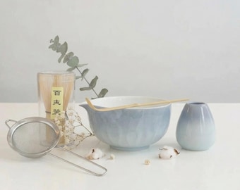 Japanese Spouted Matcha Bowl Set, 7-Piece Ceramic Chawan, Bamboo Whisk, Sifter Holder, Gradation Glazes