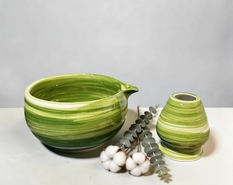 Hand Painted Spouted Matcha Bowl Set, Horizon Line Chawan, Zen Tea Ceremony Kit