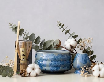 Ribbed Crystalline Matcha Set, Spiral Chawan Bowl, Bamboo Whisk, Ice Flower Glaze Ceremony Kit