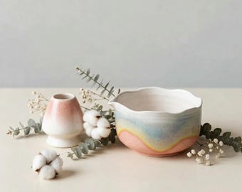 Ceramic Matcha Bowl and Whisk Holder Set, Petal Kiln-Change Glaze Chawan