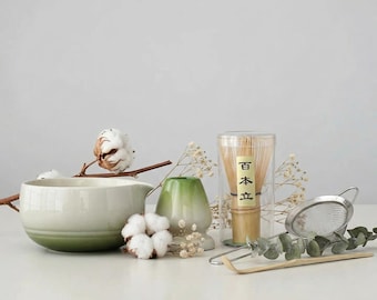 Spouted Matcha Bowl Set, 500ml Japanese Ceramic Tea Ceremony, 5pc Whisk Kit (Kraft Box)