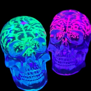 NEON FALLOUT Skull - UV Blacklight Reactive Brain in a Crystal Clear Resin Skull