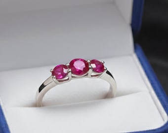 Red Ruby Ring: Round Cut Ring Sterling Silver, September Birthstone