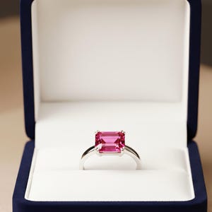 Emerald Cut Ruby Sapphire Ring: Sterling Silver, October Birthstone