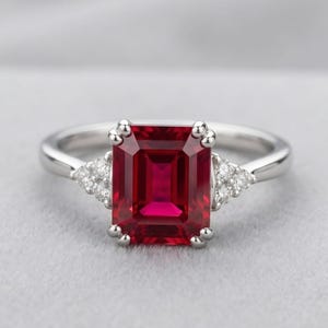 Smaragdschliff-Ring, roter Rubin-Ring, Sterlingsilber-Ring, Geburtsstein-Schmuck, Mehrstein-Ring