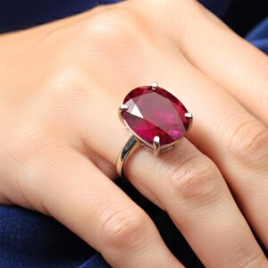 Puede incluir: Un anillo de plata con una gran gema roja oscura de corte ovalado. La gema está sujeta por cuatro garras. El anillo se muestra en un dedo, sobre un fondo azul.