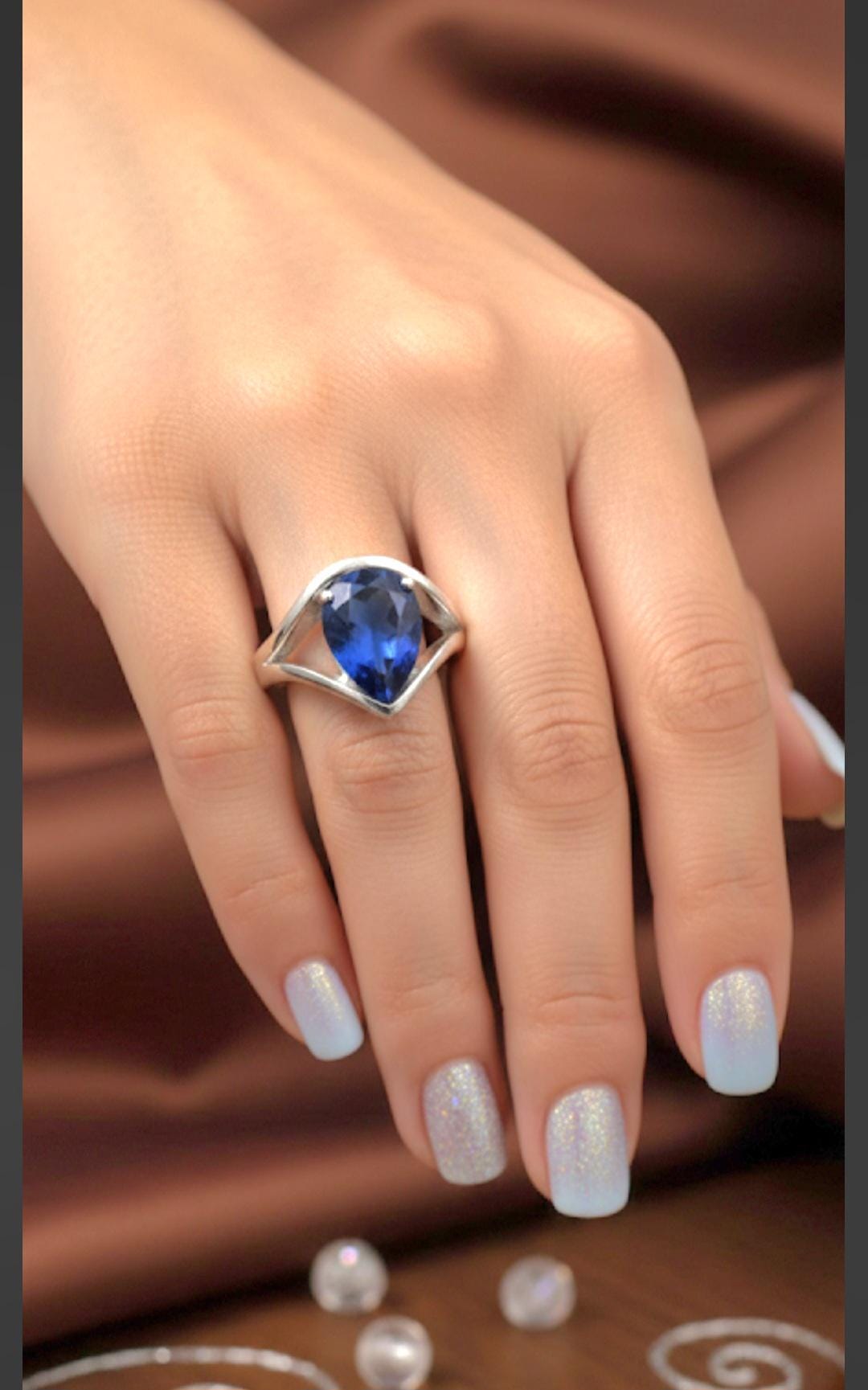 Bague vintage réglable en forme de poire saphir bleu pierre