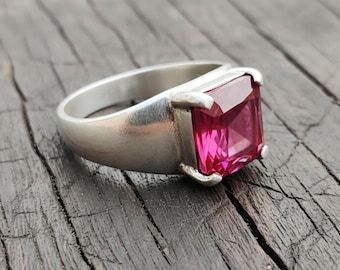 Pink Tourmaline Sterling Silver Ring - Princess Cut, October Birthstone