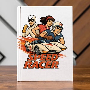 May include: A white book cover featuring a cartoon image of Speed Racer and two other characters in a race car. The car is white with the number 5 on the side. The words "SPEED RACER" are in orange and white.