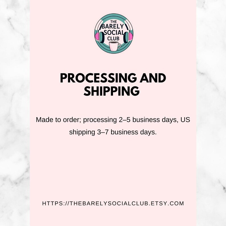 “Made to order; processing 2–5 business days, US shipping 3–7 business days.”