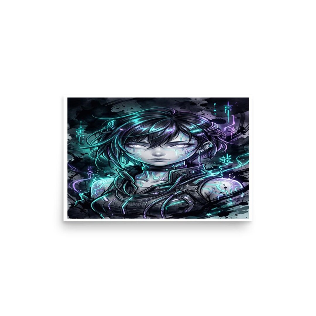 Cyberpunk Anime Girl Poster | Dark Neon Glitch Circuit Print | Sci-fi ...